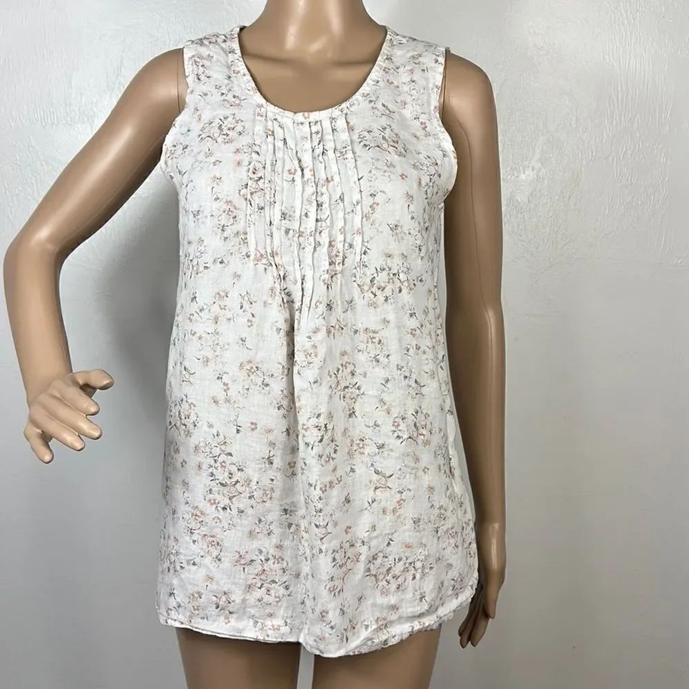 Laura Bianchi White Linen Floral Print Cottage Core Sleeveless Top Size S